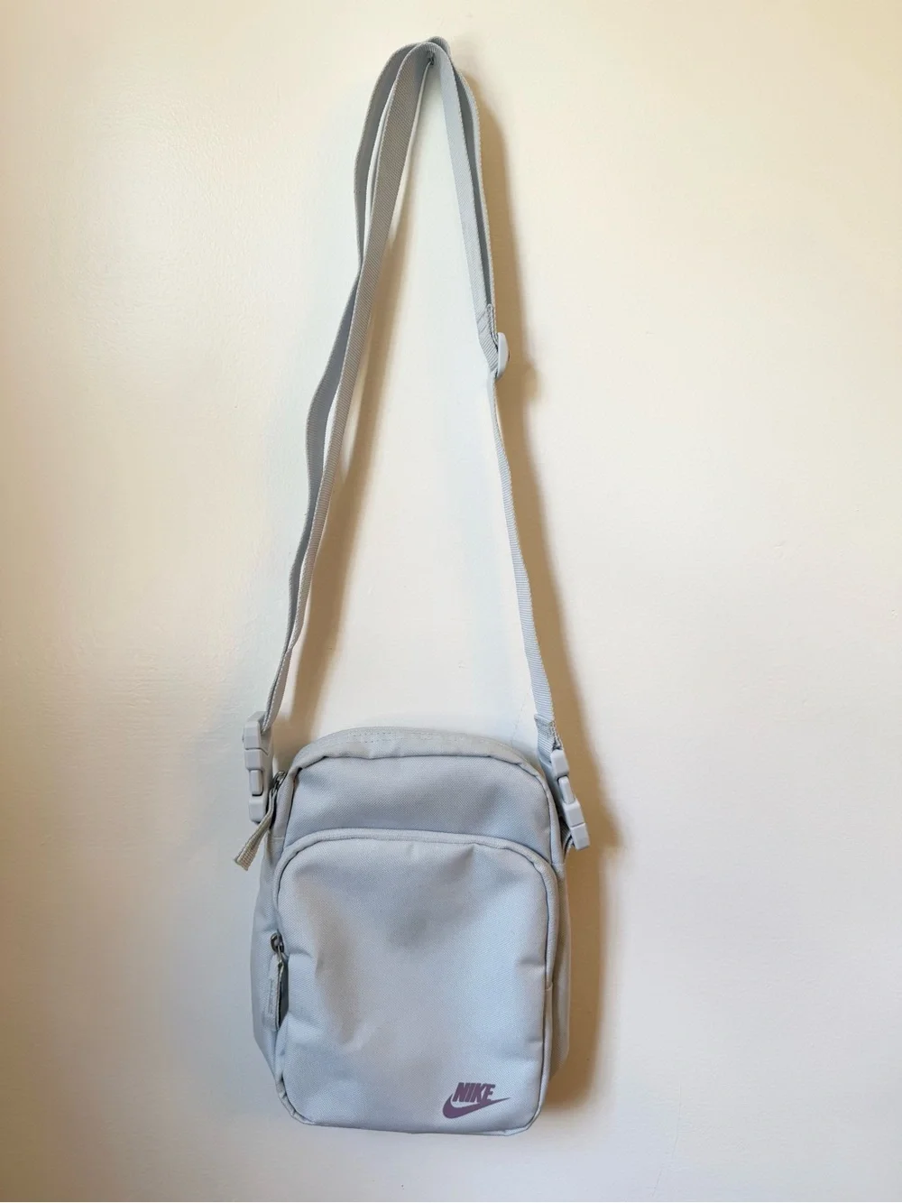 Nike Small Light Blue Crossbody Bag with Purple Logo